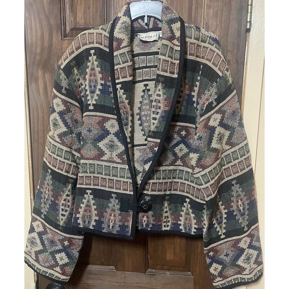 VTG 90s Flashback Tapestry Jacket M Cropped Southwestern Aztec Tribal Blanket